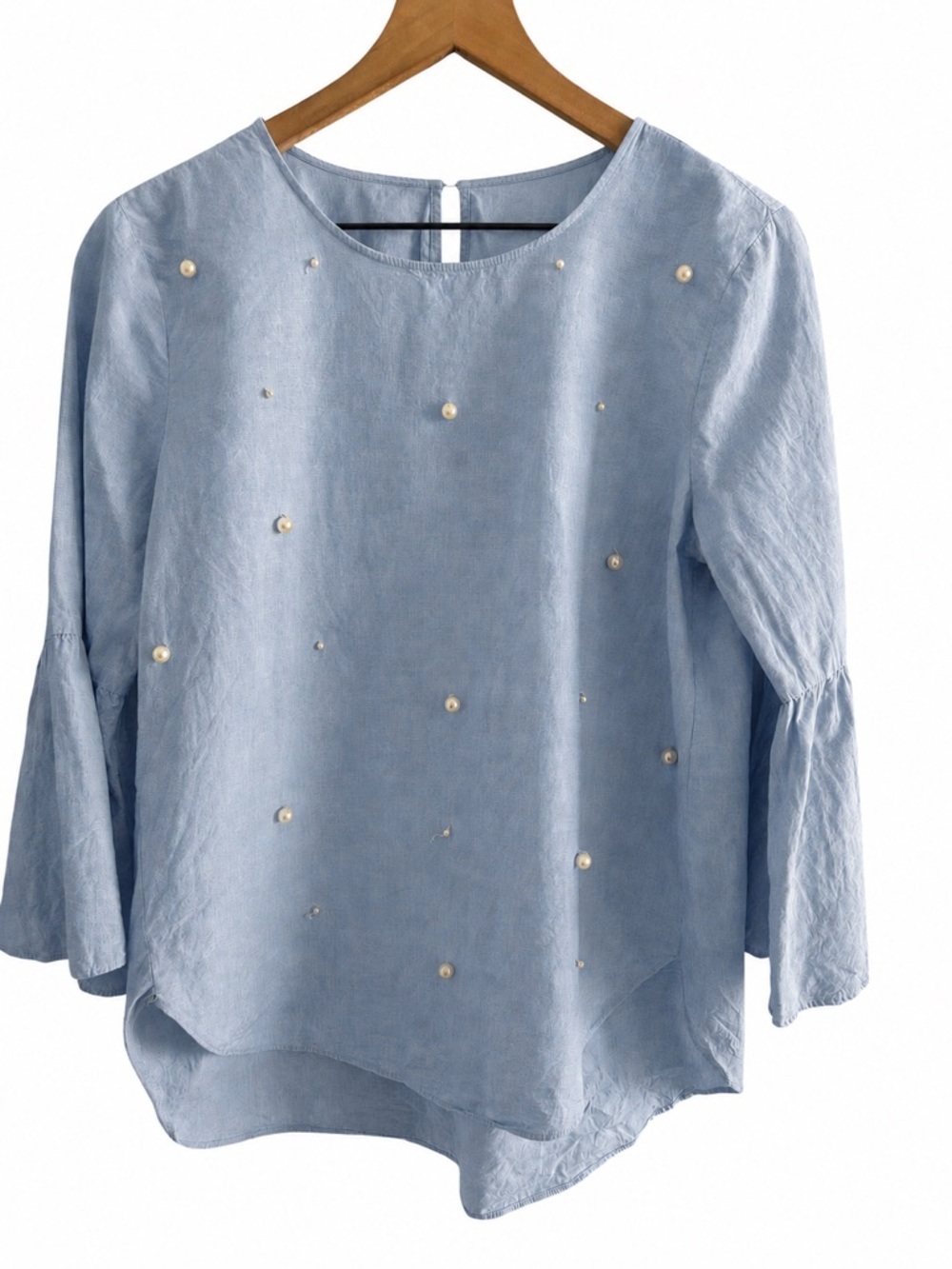 LOFT Light Blue Pearl Embellished Bell Sleeve Cotton Blouse Top Size Medium-FLAW